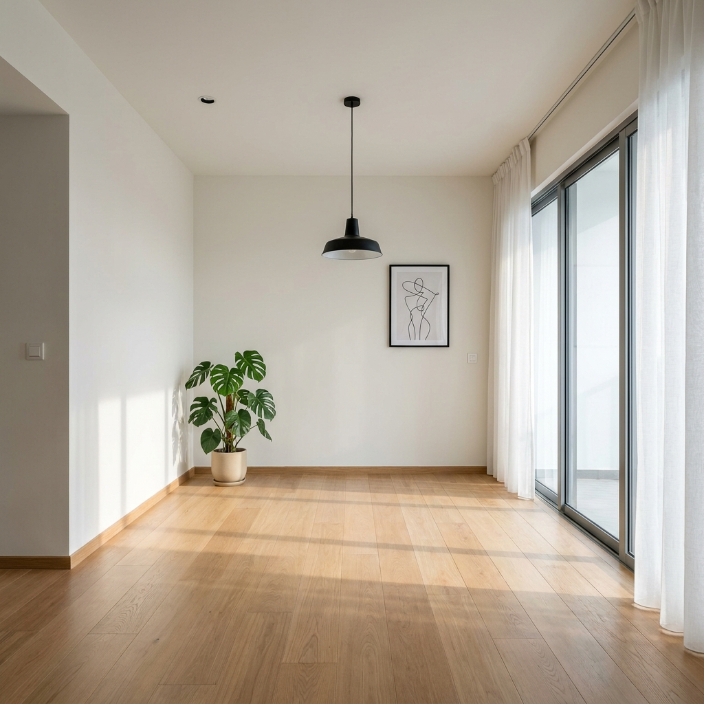 Same apartment after MCSG reinstatement — pristine walls, polished parquet, modern pendant lamp