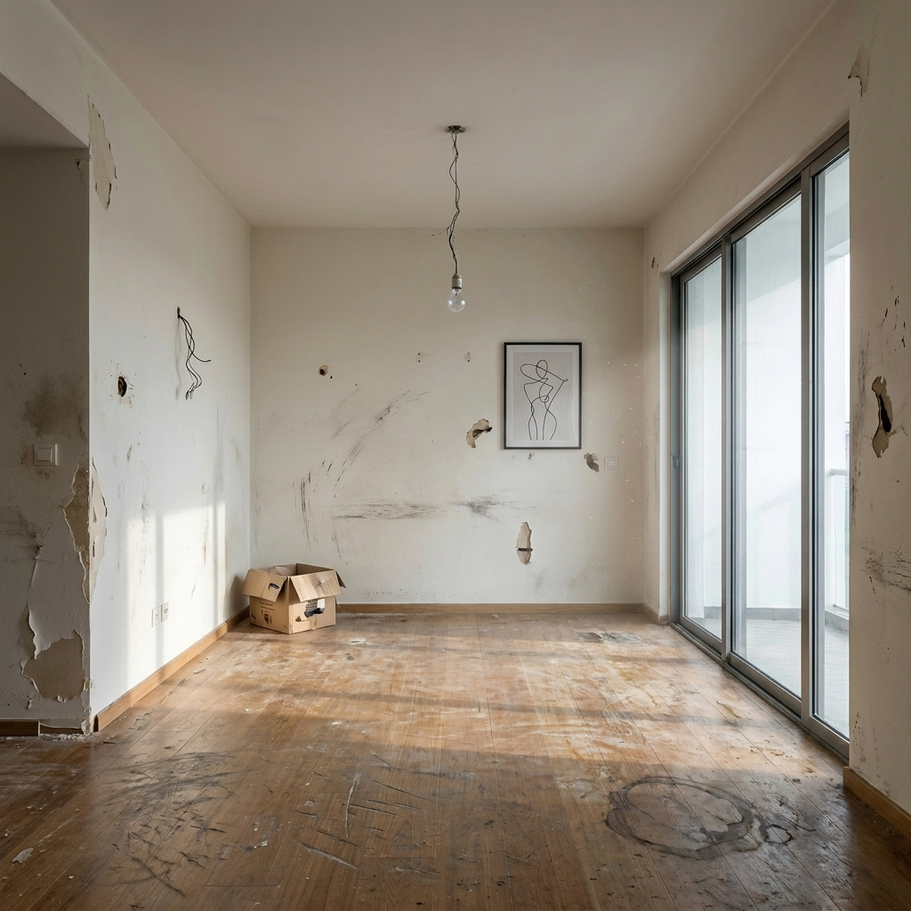 Singapore condo apartment before reinstatement — scuffed walls, damaged flooring, bare hanging bulb